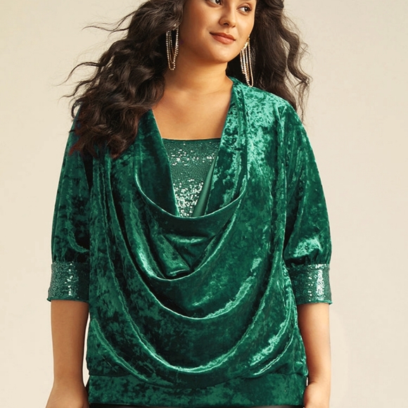 BloomChic Cowl Neck 2-In-1 Sequin Patchwork Blouse - Picture 1 of 2